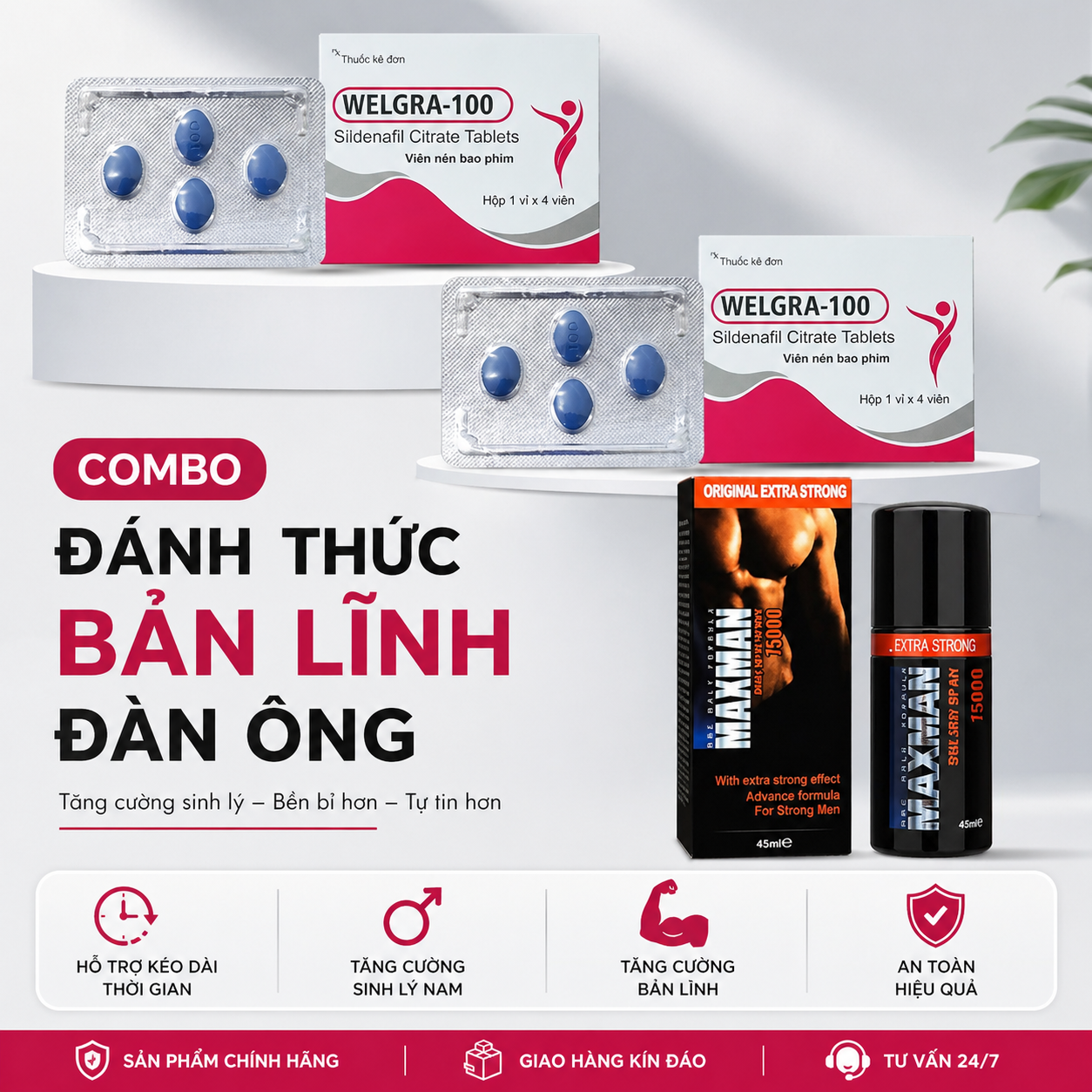 Combo đánh thức bản lĩnh đàn ông gồm 2 hộp Welgra-100 và 1 chai xịt Maxman 45ml giúp tăng sự tự tin và phong độ. Giao hàng kín đáo, chính hãng tại MeowShop.vn.